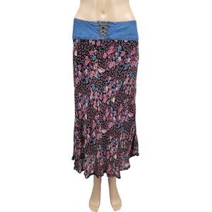 Faded Glory Y2K or 90s Floral Skirt with Denim Waist Prarie Western Boho
